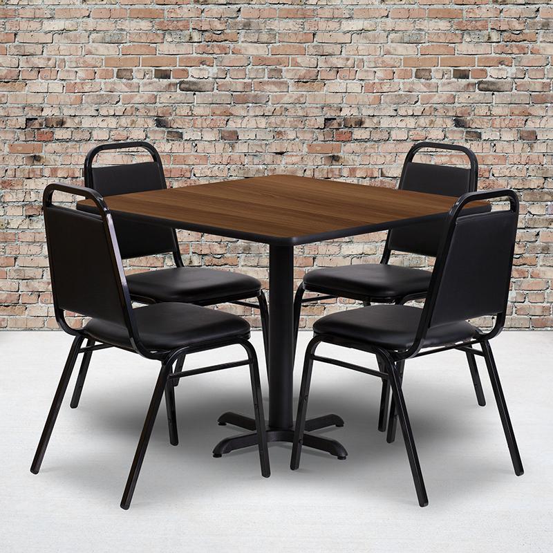 36'' Square Walnut Laminate Table Set With X-Base And 4 Black Trapezoidal Back Banquet Chairs By Flash Furniture | Dining Sets | Modishstore
