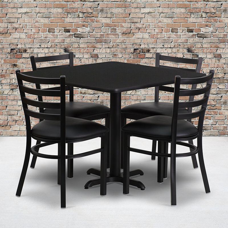36'' Square Black Laminate Table Set With X-Base And 4 Ladder Back Metal Chairs - Black Vinyl Seat By Flash Furniture | Dining Sets | Modishstore - 1