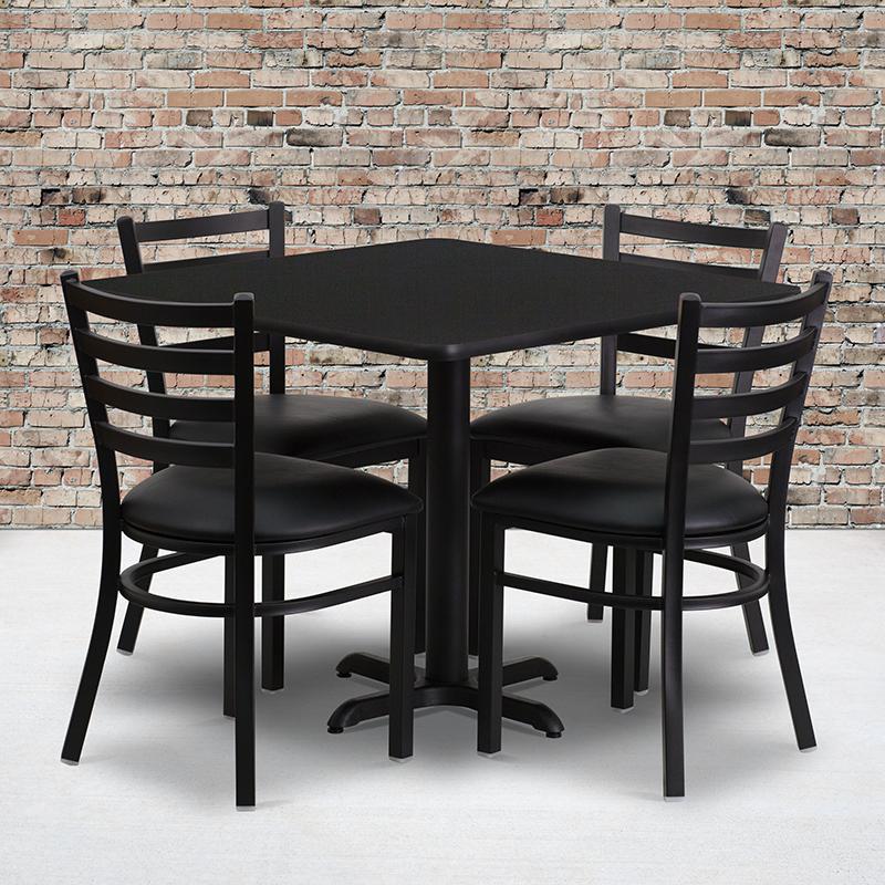 36'' Square Black Laminate Table Set With X-Base And 4 Ladder Back Metal Chairs - Black Vinyl Seat By Flash Furniture | Dining Sets | Modishstore