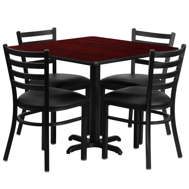 36'' Square Mahogany Laminate Table Set With X-Base And 4 Ladder Back Metal Chairs - Black Vinyl Seat By Flash Furniture | Dining Sets | Modishstore - 2