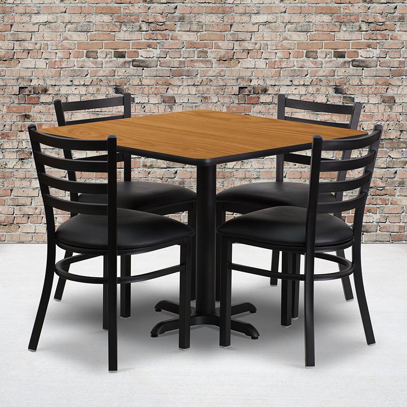 36'' Square Natural Laminate Table Set With X-Base And 4 Ladder Back Metal Chairs - Black Vinyl Seat By Flash Furniture | Dining Sets | Modishstore - 1