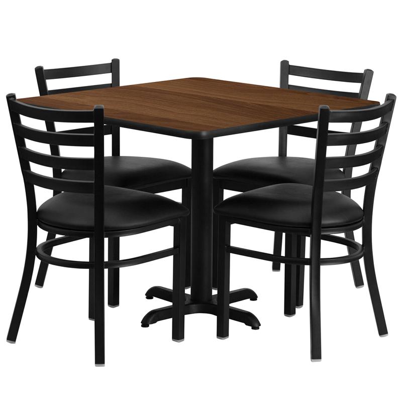 36'' Square Walnut Laminate Table Set With X-Base And 4 Ladder Back Metal Chairs - Black Vinyl Seat By Flash Furniture | Dining Sets | Modishstore - 2