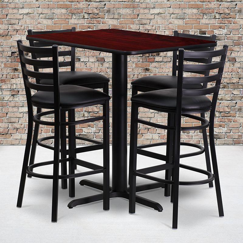 24''W X 42''L Rectangular Mahogany Laminate Table Set With 4 Ladder Back Metal Barstools - Black Vinyl Seat By Flash Furniture | Bar Stools & Table | Modishstore - 1