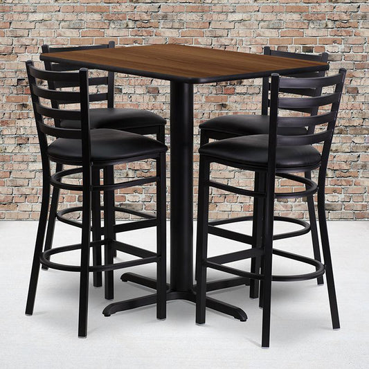 24''W X 42''L Rectangular Walnut Laminate Table Set With 4 Ladder Back Metal Barstools - Black Vinyl Seat By Flash Furniture | Bar Stools & Table | Modishstore - 1