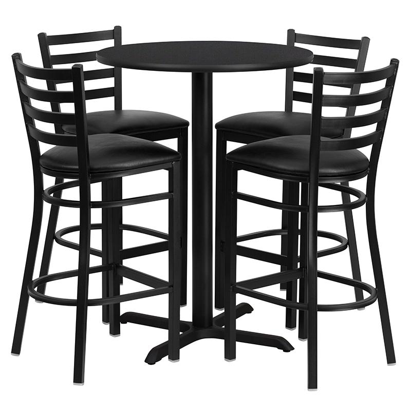 30'' Round Black Laminate Table Set With X-Base And 4 Ladder Back Metal Barstools - Black Vinyl Seat By Flash Furniture | Bar Stools & Table | Modishstore - 2