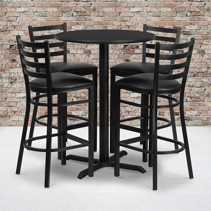 30'' Round Black Laminate Table Set With X-Base And 4 Ladder Back Metal Barstools - Black Vinyl Seat By Flash Furniture | Bar Stools & Table | Modishstore - 1