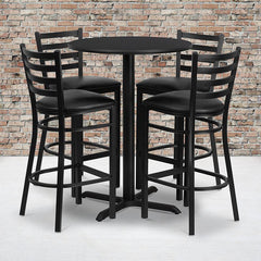 30'' Round Black Laminate Table Set With X-Base And 4 Ladder Back Metal Barstools - Black Vinyl Seat By Flash Furniture