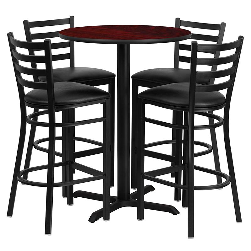30'' Round Mahogany Laminate Table Set With X-Base And 4 Ladder Back Metal Barstools - Black Vinyl Seat By Flash Furniture | Bar Stools & Table | Modishstore - 2