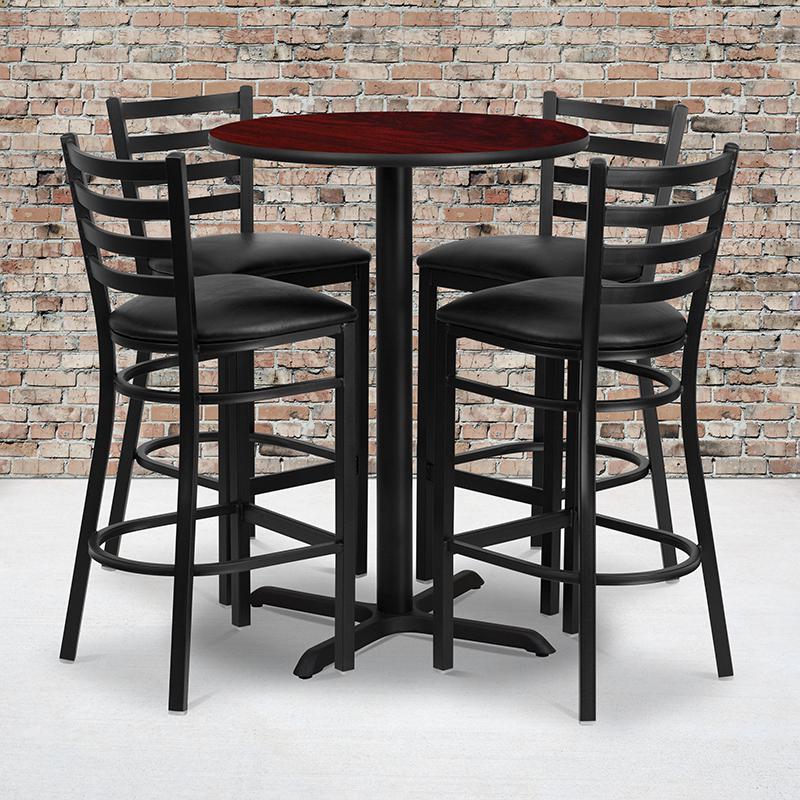 30'' Round Mahogany Laminate Table Set With X-Base And 4 Ladder Back Metal Barstools - Black Vinyl Seat By Flash Furniture | Bar Stools & Table | Modishstore - 1