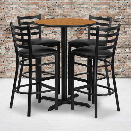 30'' Round Natural Laminate Table Set With X-Base And 4 Ladder Back Metal Barstools - Black Vinyl Seat By Flash Furniture | Bar Stools & Table | Modishstore