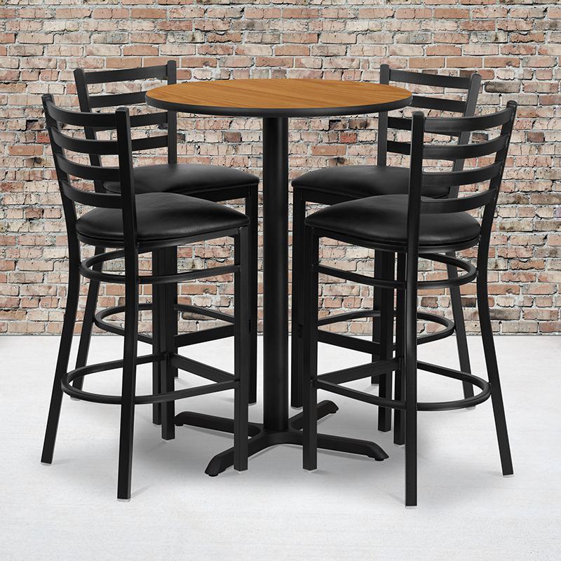 30'' Round Natural Laminate Table Set With X-Base And 4 Ladder Back Metal Barstools - Black Vinyl Seat By Flash Furniture | Bar Stools & Table | Modishstore - 1
