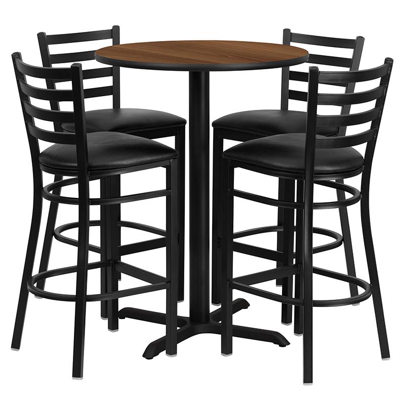 30'' Round Walnut Laminate Table Set With X-Base And 4 Ladder Back Metal Barstools - Black Vinyl Seat By Flash Furniture | Bar Stools & Table | Modishstore - 2