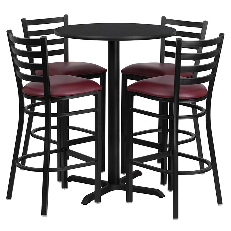 30'' Round Black Laminate Table Set With X-Base And 4 Ladder Back Metal Barstools - Burgundy Vinyl Seat By Flash Furniture | Bar Stools & Table | Modishstore - 2