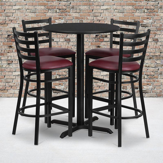 30'' Round Black Laminate Table Set With X-Base And 4 Ladder Back Metal Barstools - Burgundy Vinyl Seat By Flash Furniture | Bar Stools & Table | Modishstore - 1