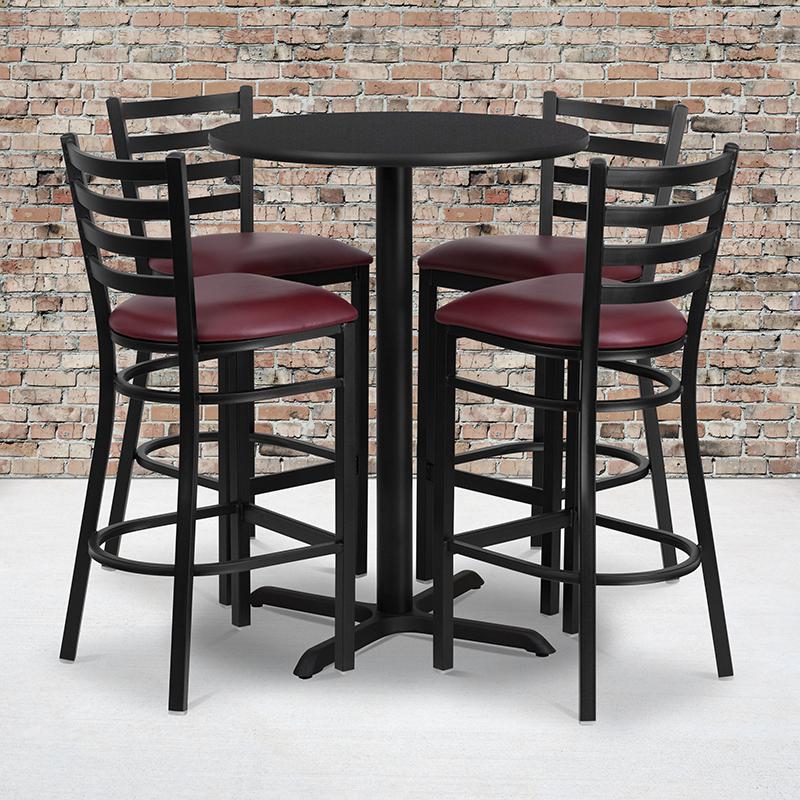 30'' Round Black Laminate Table Set With X-Base And 4 Ladder Back Metal Barstools - Burgundy Vinyl Seat By Flash Furniture | Bar Stools & Table | Modishstore - 1