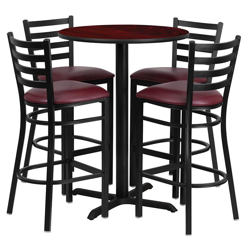 30'' Round Mahogany Laminate Table Set With X-Base And 4 Ladder Back Metal Barstools - Burgundy Vinyl Seat By Flash Furniture | Bar Stools & Table | Modishstore - 2