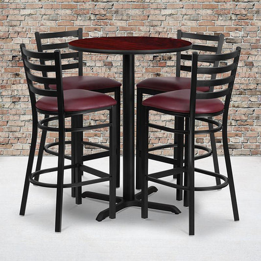30'' Round Mahogany Laminate Table Set With X-Base And 4 Ladder Back Metal Barstools - Burgundy Vinyl Seat By Flash Furniture | Bar Stools & Table | Modishstore - 1