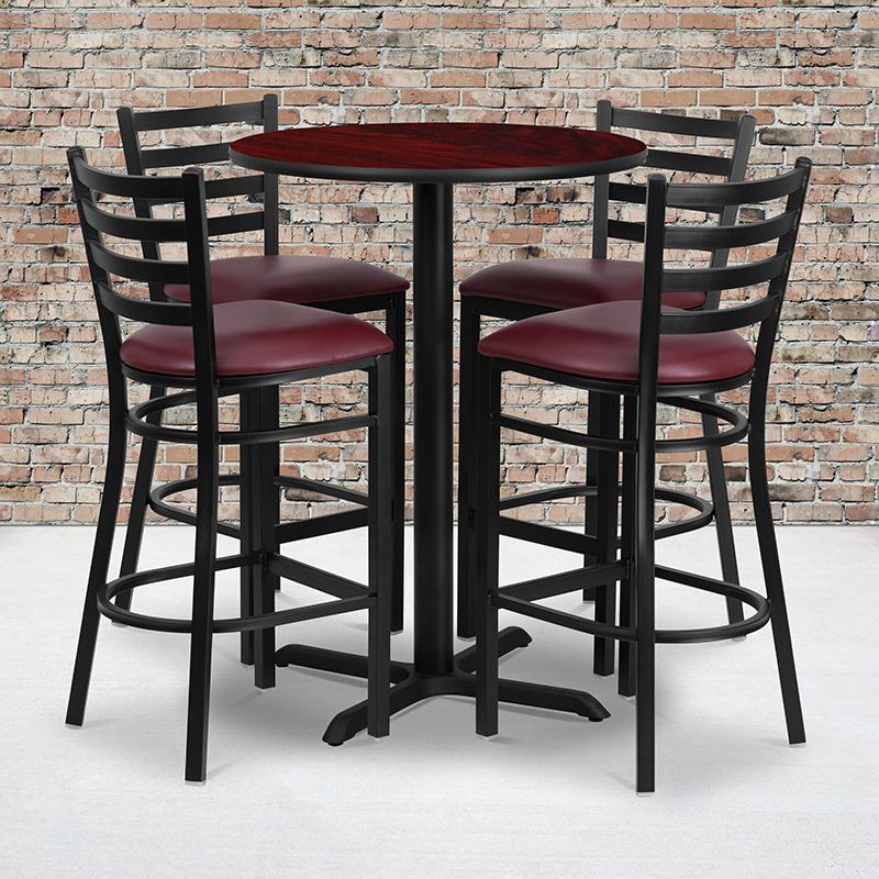 30'' Round Mahogany Laminate Table Set With X-Base And 4 Ladder Back Metal Barstools - Burgundy Vinyl Seat By Flash Furniture | Bar Stools & Table | Modishstore - 1