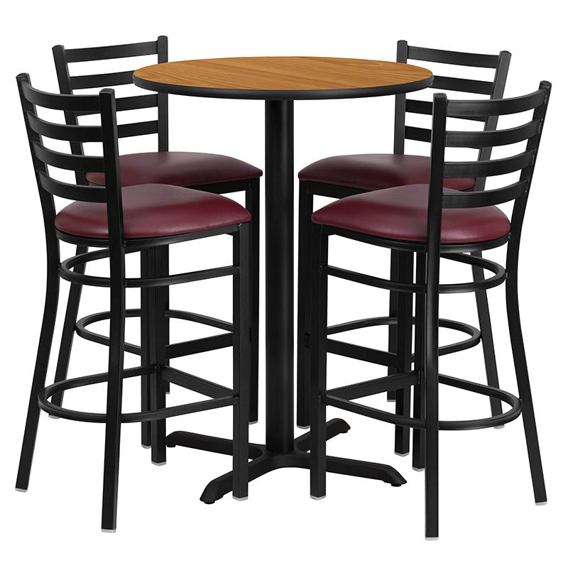 30'' Round Natural Laminate Table Set With X-Base And 4 Ladder Back Metal Barstools - Burgundy Vinyl Seat By Flash Furniture | Bar Stools & Table | Modishstore - 2