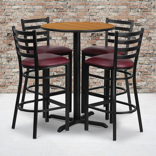 30'' Round Natural Laminate Table Set With X-Base And 4 Ladder Back Metal Barstools - Burgundy Vinyl Seat By Flash Furniture | Bar Stools & Table | Modishstore