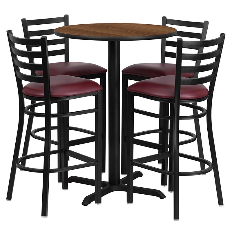 30'' Round Walnut Laminate Table Set With X-Base And 4 Ladder Back Metal Barstools - Burgundy Vinyl Seat By Flash Furniture | Bar Stools & Table | Modishstore - 2