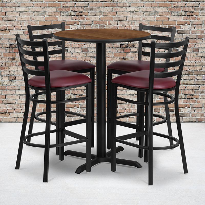 30'' Round Walnut Laminate Table Set With X-Base And 4 Ladder Back Metal Barstools - Burgundy Vinyl Seat By Flash Furniture | Bar Stools & Table | Modishstore - 1
