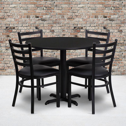 36'' Round Black Laminate Table Set With X-Base And 4 Ladder Back Metal Chairs - Black Vinyl Seat By Flash Furniture | Dining Sets | Modishstore