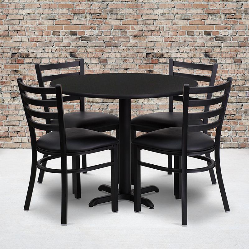 36'' Round Black Laminate Table Set With X-Base And 4 Ladder Back Metal Chairs - Black Vinyl Seat By Flash Furniture | Dining Sets | Modishstore - 1