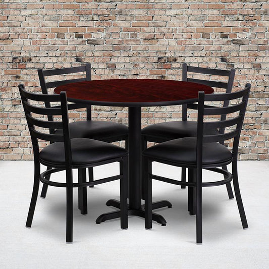 36'' Round Mahogany Laminate Table Set With X-Base And 4 Ladder Back Metal Chairs - Black Vinyl Seat By Flash Furniture | Dining Sets | Modishstore