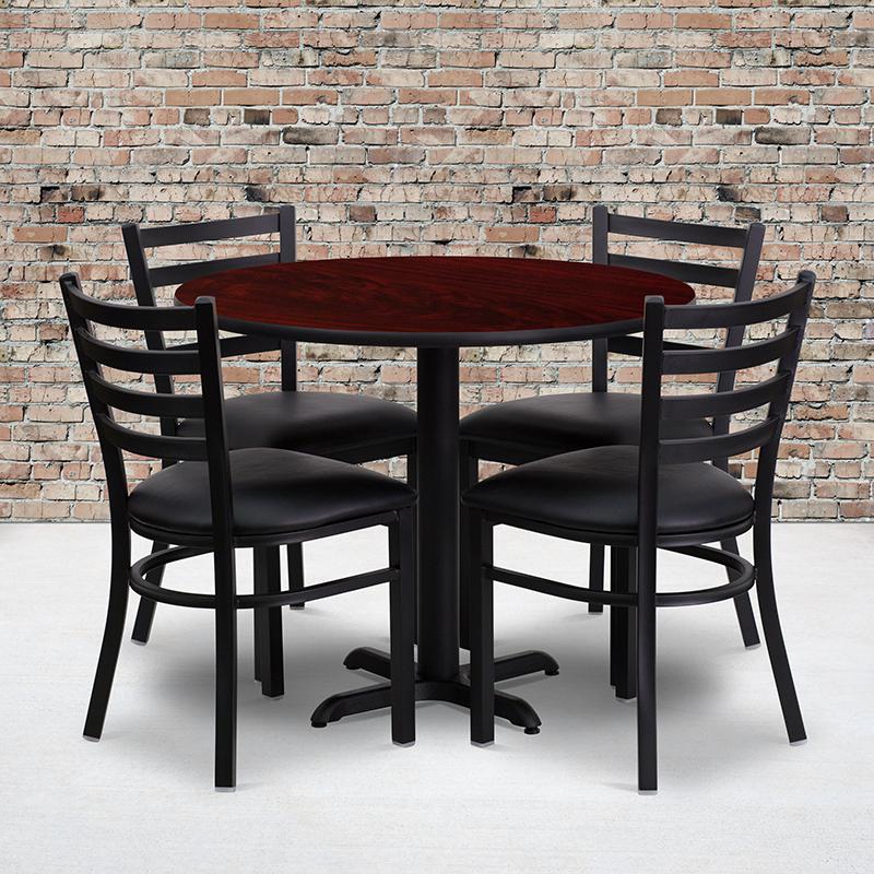 36'' Round Mahogany Laminate Table Set With X-Base And 4 Ladder Back Metal Chairs - Black Vinyl Seat By Flash Furniture | Dining Sets | Modishstore - 1