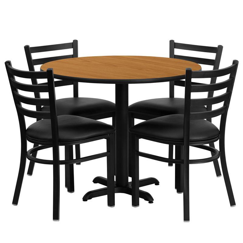 36'' Round Natural Laminate Table Set With X-Base And 4 Ladder Back Metal Chairs - Black Vinyl Seat By Flash Furniture | Dining Sets | Modishstore - 2