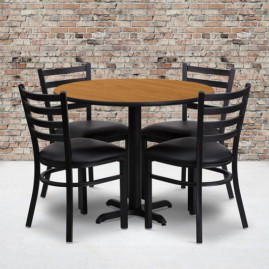 36'' Round Natural Laminate Table Set With X-Base And 4 Ladder Back Metal Chairs - Black Vinyl Seat By Flash Furniture | Dining Sets | Modishstore