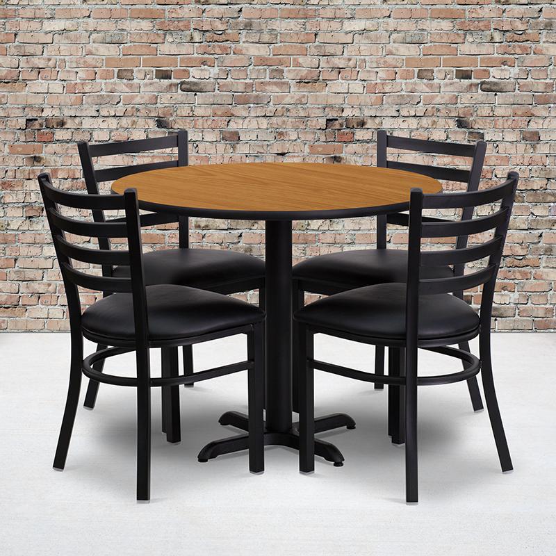 36'' Round Natural Laminate Table Set With X-Base And 4 Ladder Back Metal Chairs - Black Vinyl Seat By Flash Furniture | Dining Sets | Modishstore - 1