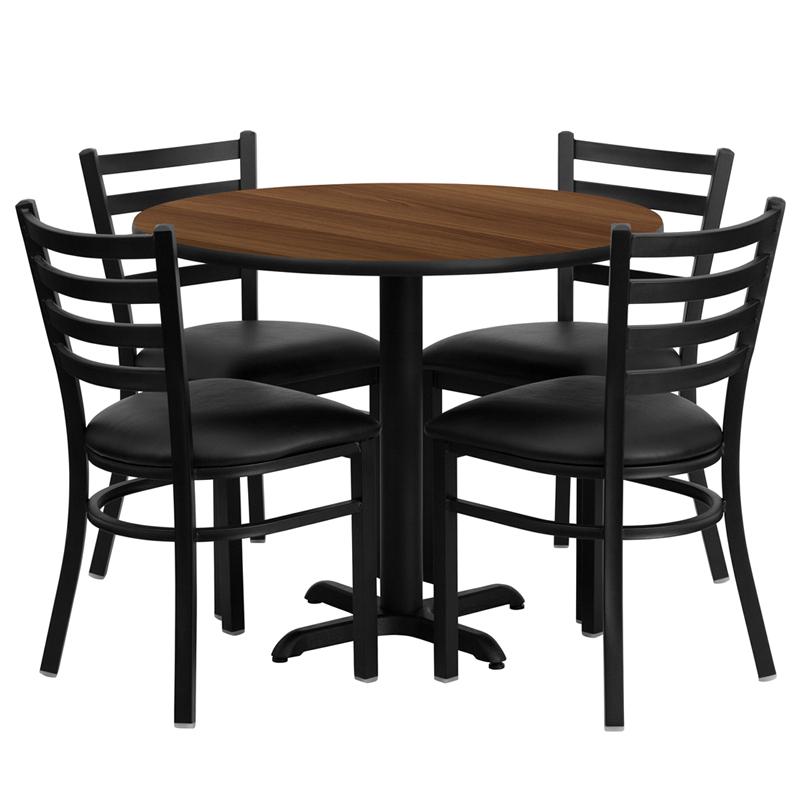 36'' Round Walnut Laminate Table Set With X-Base And 4 Ladder Back Metal Chairs - Black Vinyl Seat By Flash Furniture | Dining Sets | Modishstore - 2