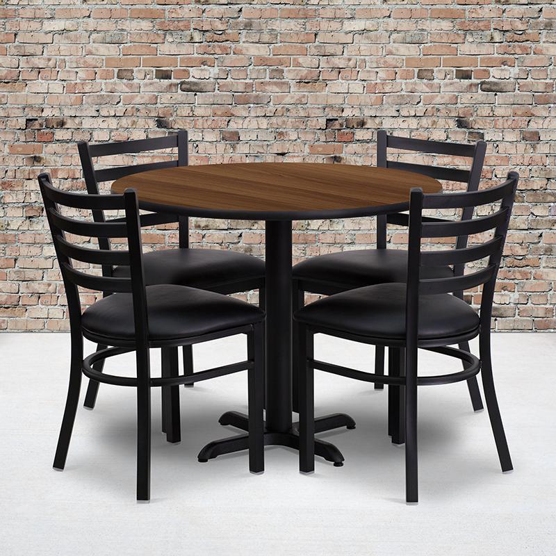 36'' Round Walnut Laminate Table Set With X-Base And 4 Ladder Back Metal Chairs - Black Vinyl Seat By Flash Furniture | Dining Sets | Modishstore - 1