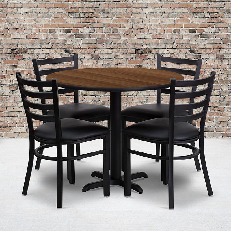 36'' Round Walnut Laminate Table Set With X-Base And 4 Ladder Back Metal Chairs - Black Vinyl Seat By Flash Furniture | Dining Sets | Modishstore