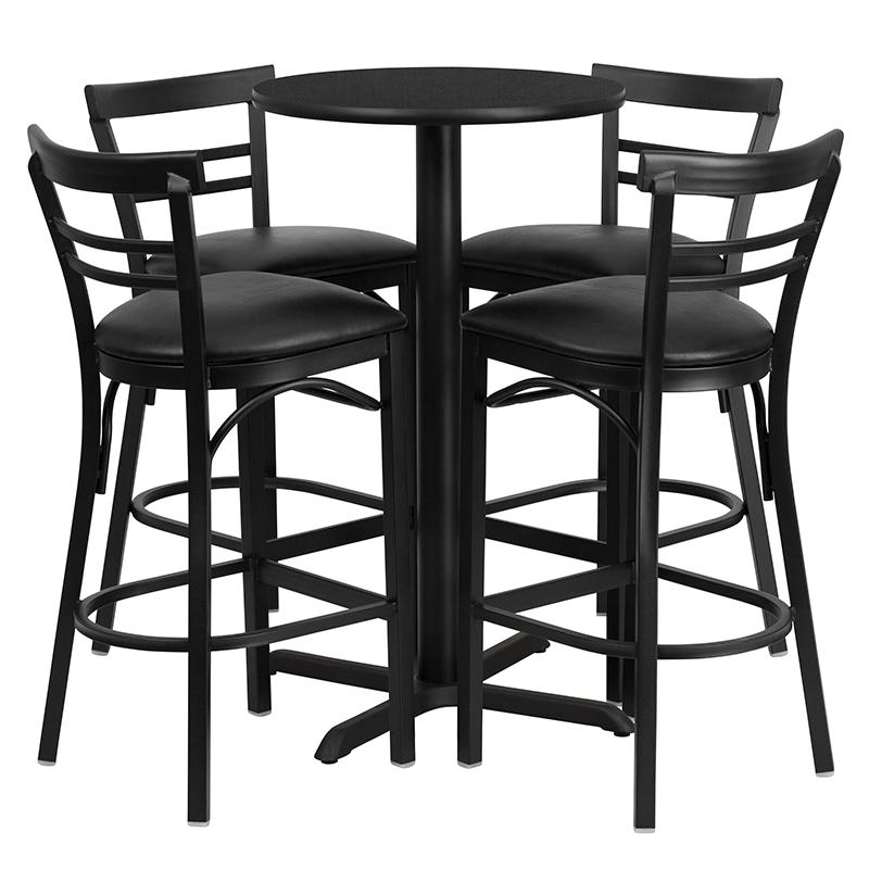 24'' Round Black Laminate Table Set With X-Base And 4 Two-Slat Ladder Back Metal Barstools - Black Vinyl Seat By Flash Furniture | Bar Stools & Table | Modishstore - 2
