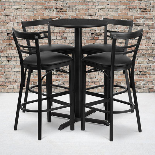 24'' Round Black Laminate Table Set With X-Base And 4 Two-Slat Ladder Back Metal Barstools - Black Vinyl Seat By Flash Furniture | Bar Stools & Table | Modishstore