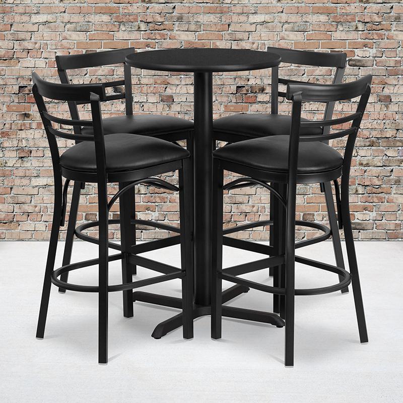 24'' Round Black Laminate Table Set With X-Base And 4 Two-Slat Ladder Back Metal Barstools - Black Vinyl Seat By Flash Furniture | Bar Stools & Table | Modishstore