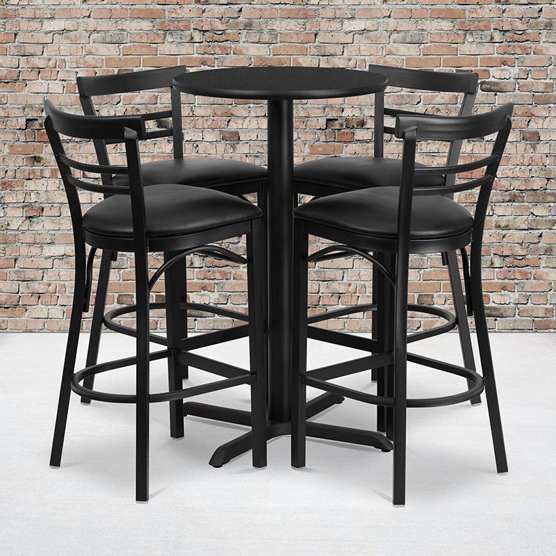 24'' Round Black Laminate Table Set With X-Base And 4 Two-Slat Ladder Back Metal Barstools - Black Vinyl Seat By Flash Furniture | Bar Stools & Table | Modishstore - 1