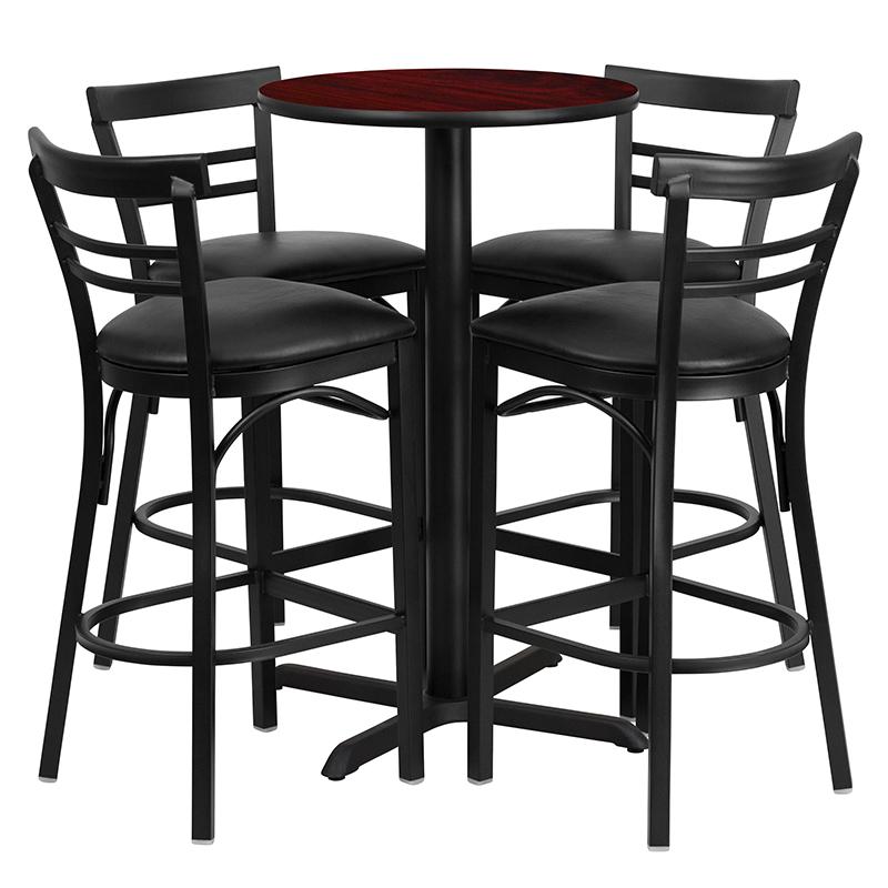 24'' Round Mahogany Laminate Table Set With X-Base And 4 Two-Slat Ladder Back Metal Barstools - Black Vinyl Seat By Flash Furniture | Bar Stools & Table | Modishstore - 2