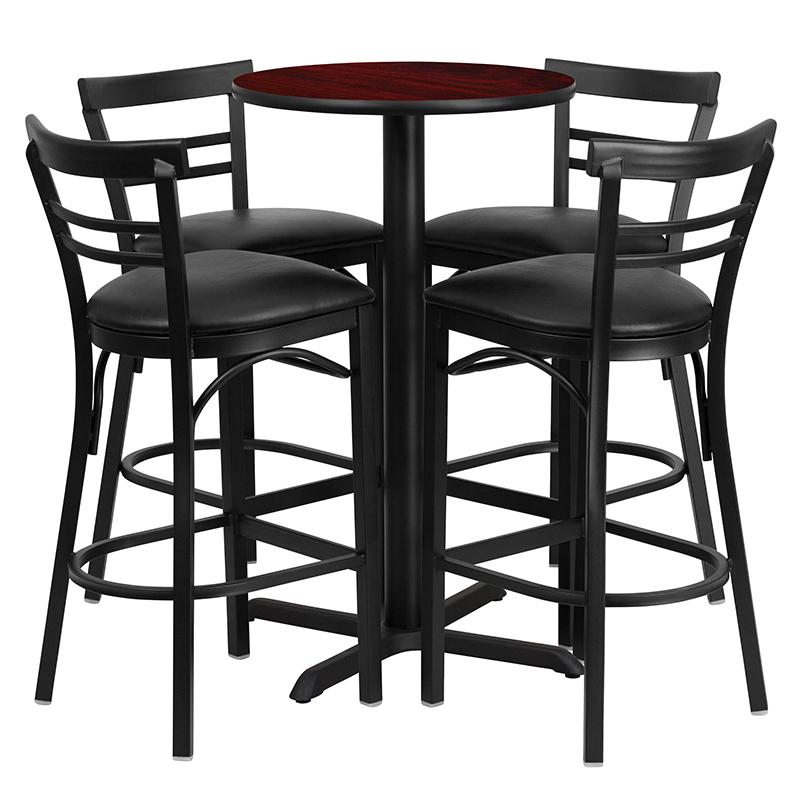 24'' Round Mahogany Laminate Table Set With X-Base And 4 Two-Slat Ladder Back Metal Barstools - Black Vinyl Seat By Flash Furniture | Bar Stools & Table | Modishstore - 2
