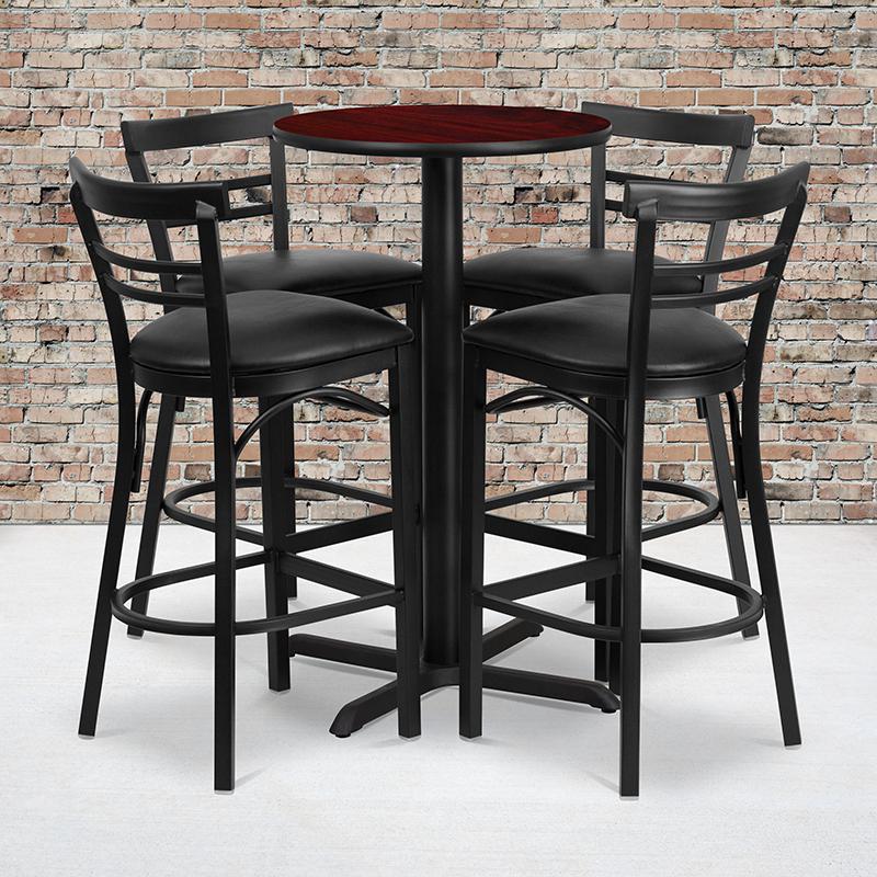 24'' Round Mahogany Laminate Table Set With X-Base And 4 Two-Slat Ladder Back Metal Barstools - Black Vinyl Seat By Flash Furniture | Bar Stools & Table | Modishstore - 1