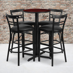 24'' Round Mahogany Laminate Table Set With X-Base And 4 Two-Slat Ladder Back Metal Barstools - Black Vinyl Seat By Flash Furniture