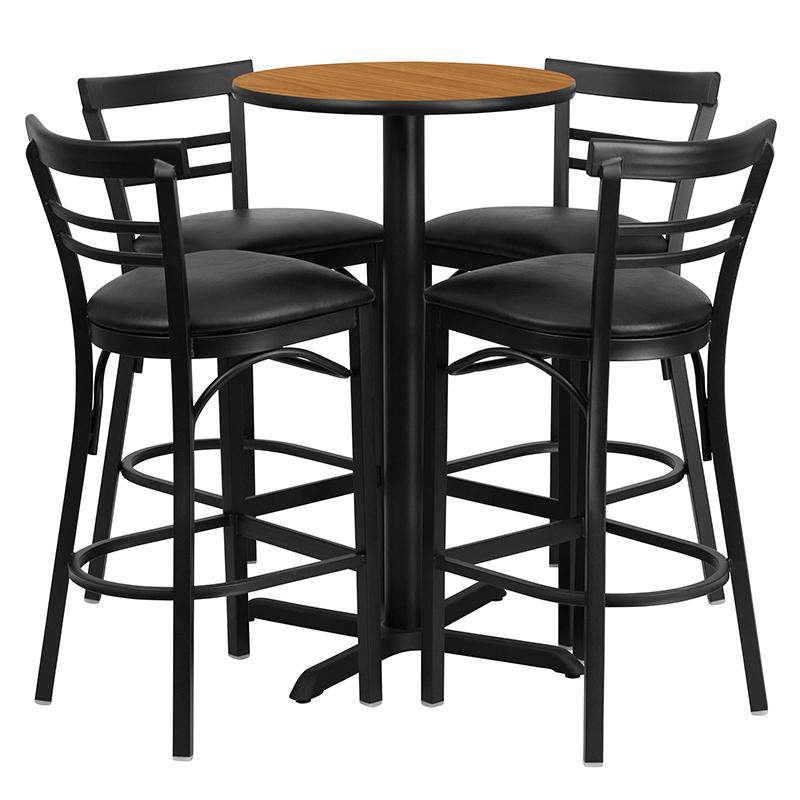 24'' Round Natural Laminate Table Set With X-Base And 4 Two-Slat Ladder Back Metal Barstools - Black Vinyl Seat By Flash Furniture | Bar Stools & Table | Modishstore - 2