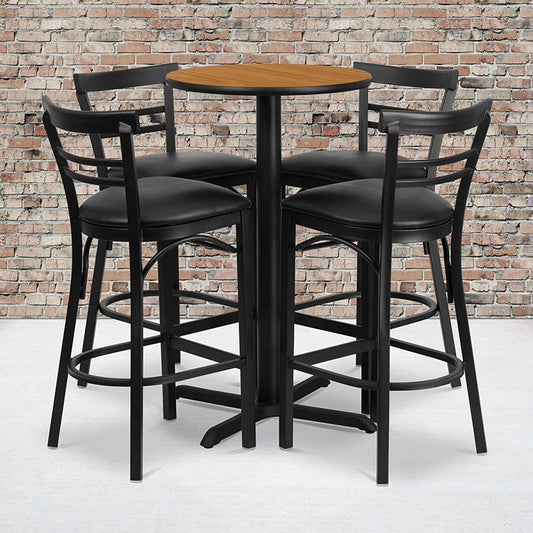24'' Round Natural Laminate Table Set With X-Base And 4 Two-Slat Ladder Back Metal Barstools - Black Vinyl Seat By Flash Furniture | Bar Stools & Table | Modishstore