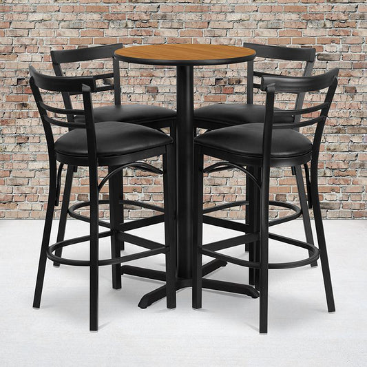 24'' Round Natural Laminate Table Set With X-Base And 4 Two-Slat Ladder Back Metal Barstools - Black Vinyl Seat By Flash Furniture | Bar Stools & Table | Modishstore - 1
