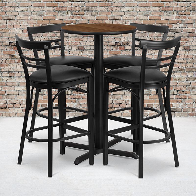 24'' Round Walnut Laminate Table Set With X-Base And 4 Two-Slat Ladder Back Metal Barstools - Black Vinyl Seat By Flash Furniture | Bar Stools & Table | Modishstore - 1