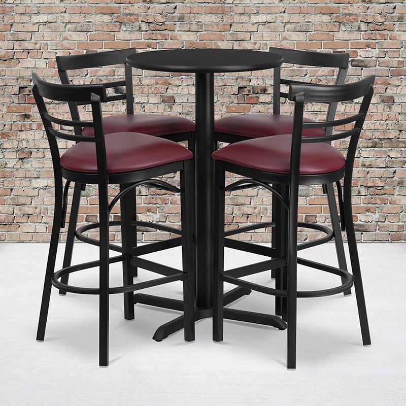 24'' Round Black Laminate Table Set With X-Base And 4 Two-Slat Ladder Back Metal Barstools - Burgundy Vinyl Seat By Flash Furniture | Bar Stools & Table | Modishstore - 1