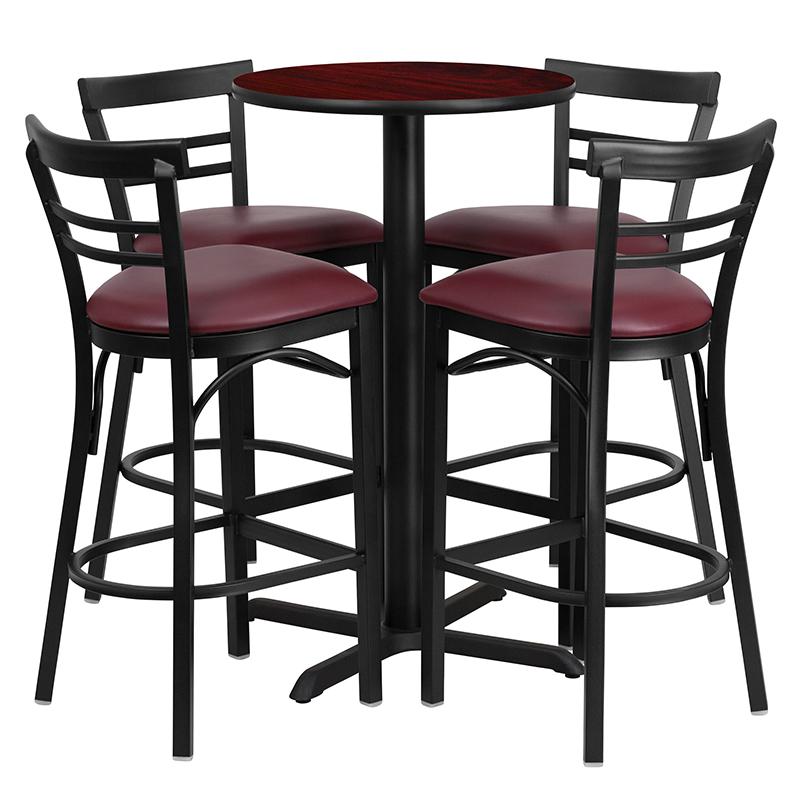 24'' Round Mahogany Laminate Table Set With X-Base And 4 Two-Slat Ladder Back Metal Barstools - Burgundy Vinyl Seat By Flash Furniture | Bar Stools & Table | Modishstore - 2